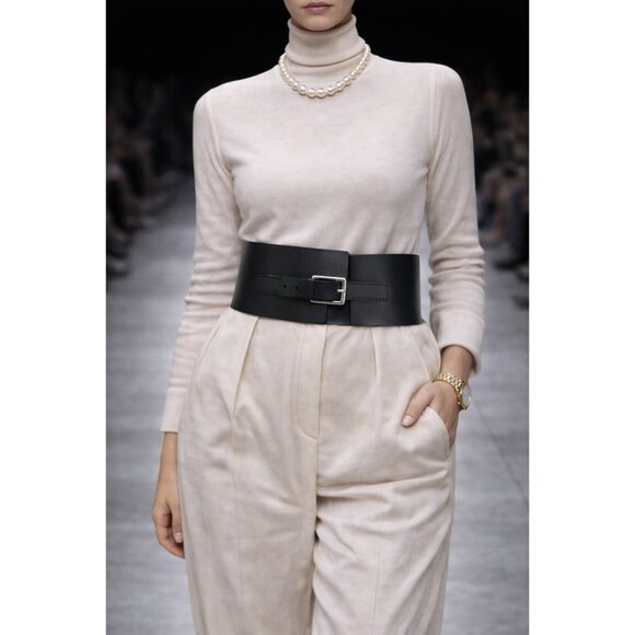 ZAPA Paris Wide Black Leather Waist Belt Corset Style Made in France Size 75/30